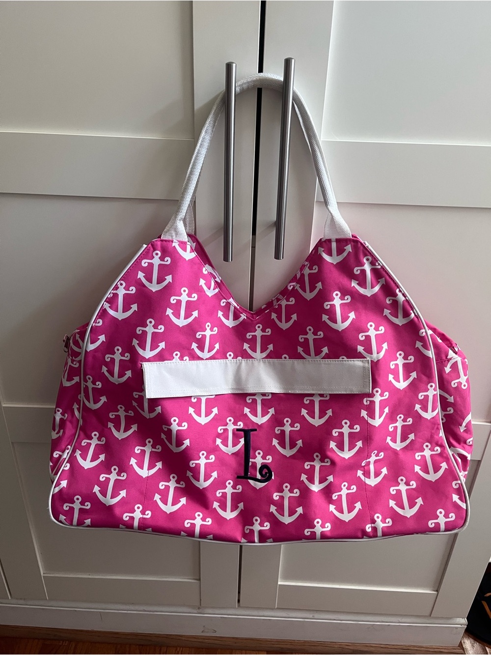 Pink Anchor-Print Weekender Tote Bag, ‘L’ monogram - Picture 10 of 10